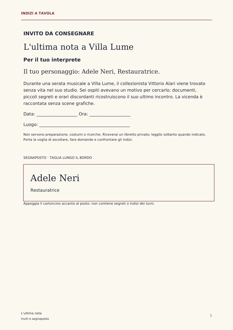 Pagina reale con un invito e un segnaposto, nome del personaggio e spazio per data, ora e luogo